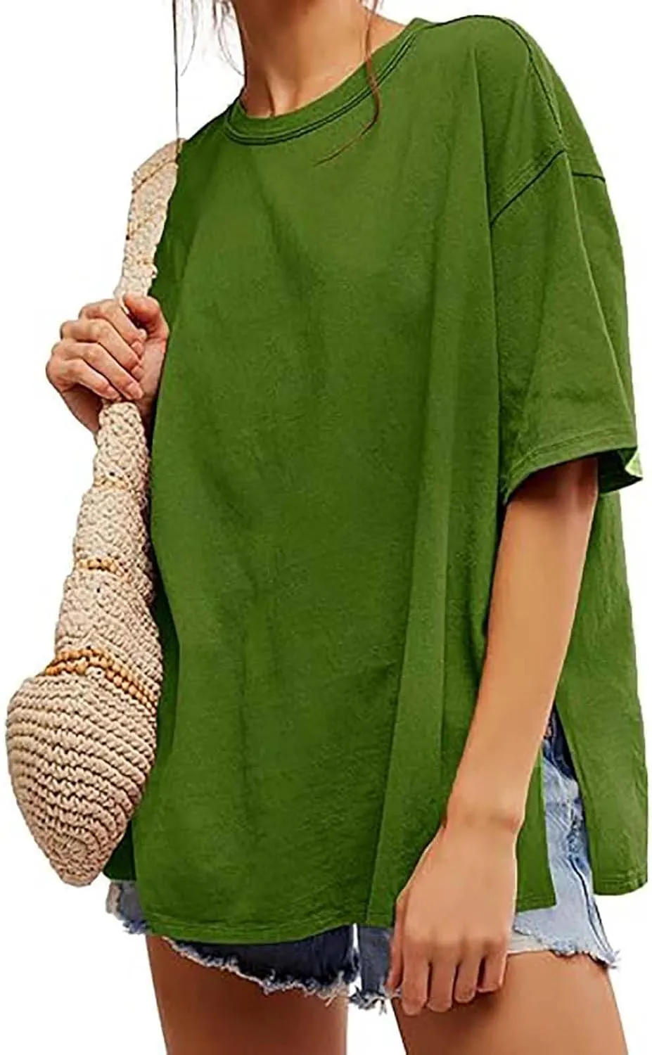 Oversized Tshirts for Women Patchwork Side Slit Summer Tops Crewneck Short Sleeve Shirts Blouses Workout Y2k Clothing