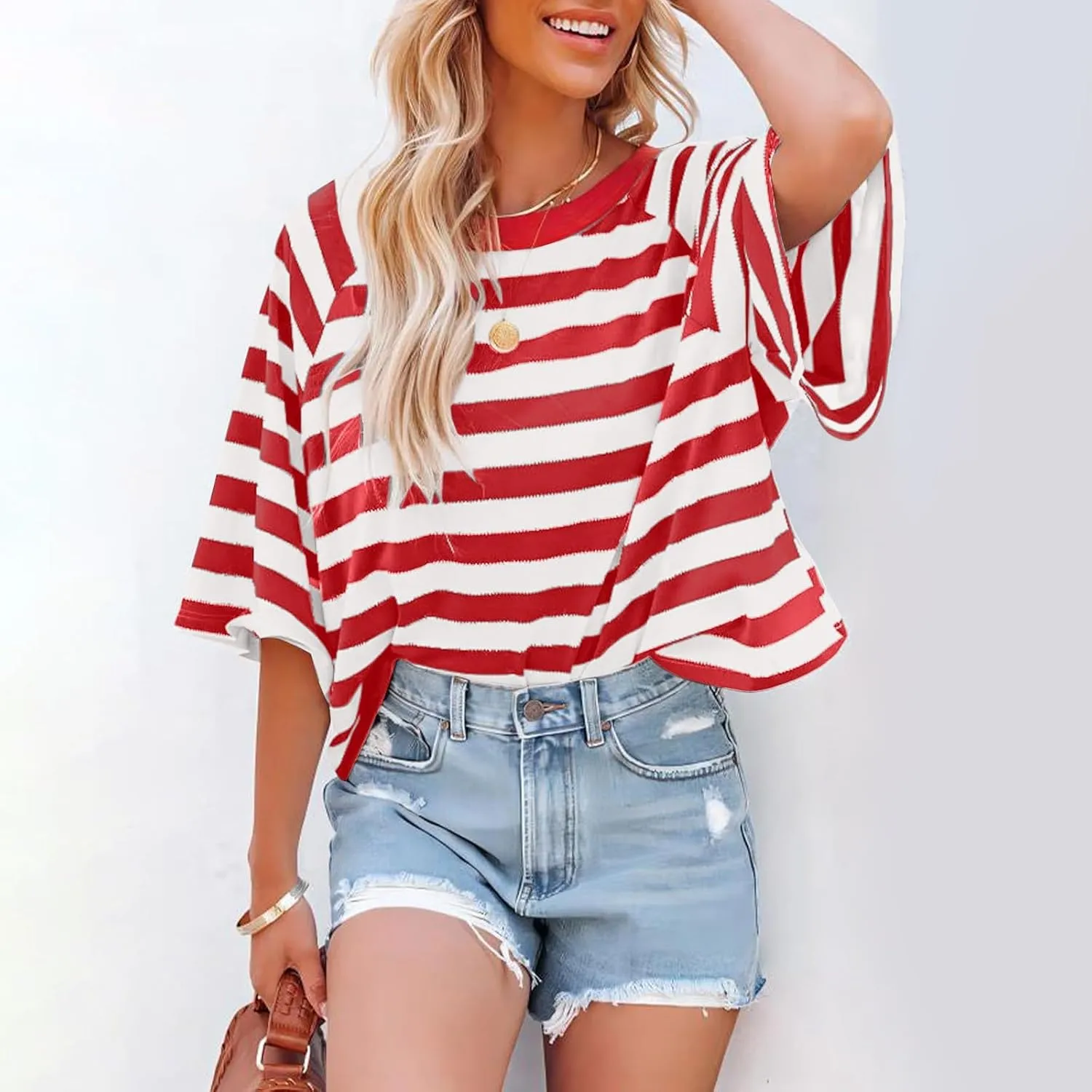 Oversized Tshirts for Women Striped Crew Neck Elbow Sleeve Tops Summer Color Block Half Sleeve Casual Blouses