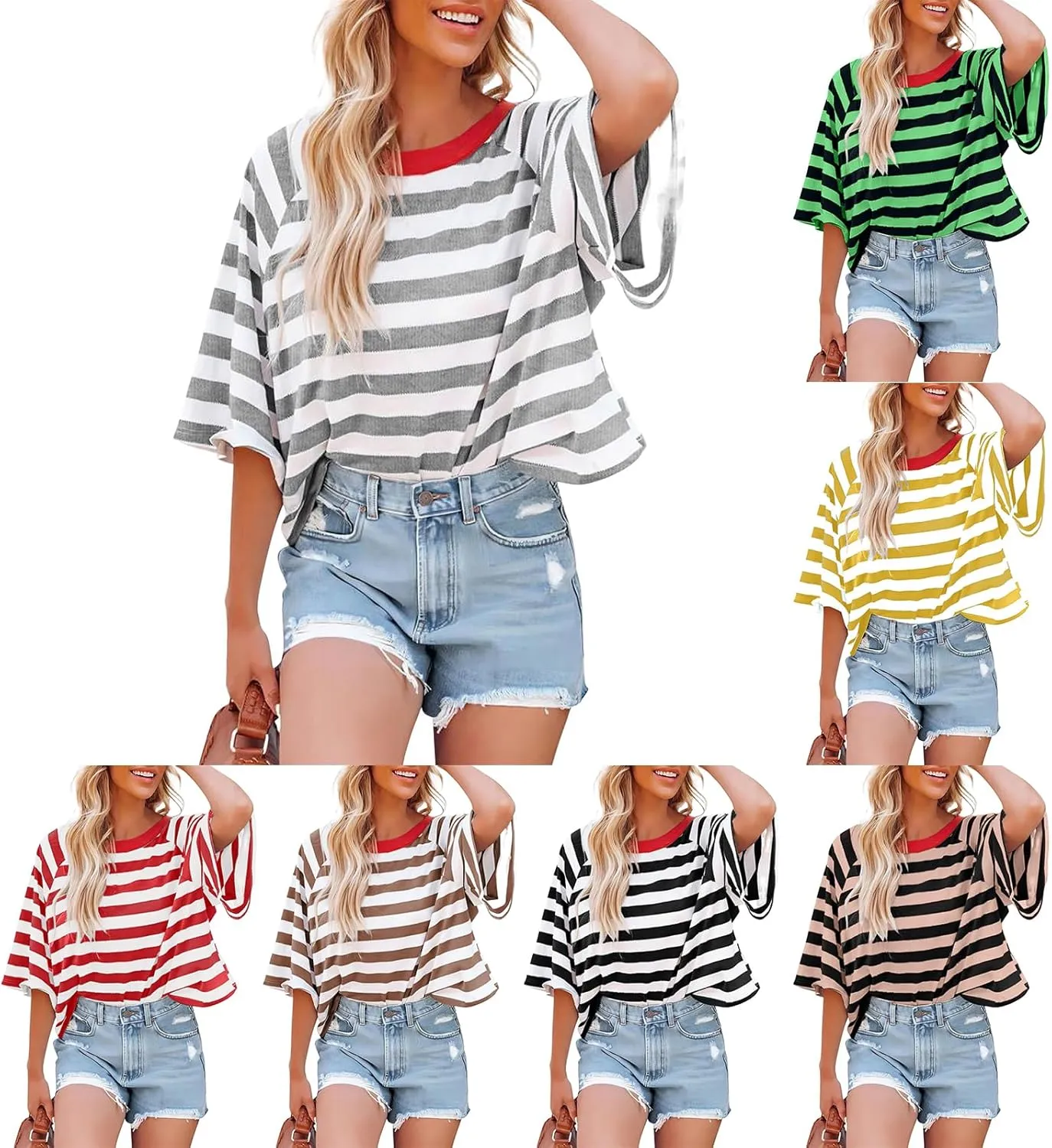 Oversized Tshirts for Women Striped Crew Neck Elbow Sleeve Tops Summer Color Block Half Sleeve Casual Blouses