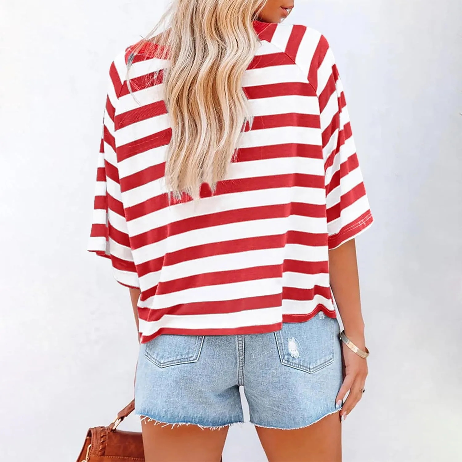 Oversized Tshirts for Women Striped Crew Neck Elbow Sleeve Tops Summer Color Block Half Sleeve Casual Blouses