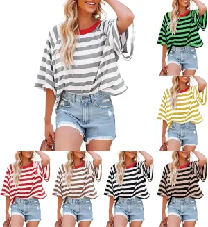 Oversized Tshirts for Women Striped Crew Neck Elbow Sleeve Tops Summer Color Block Half Sleeve Casual Blouses