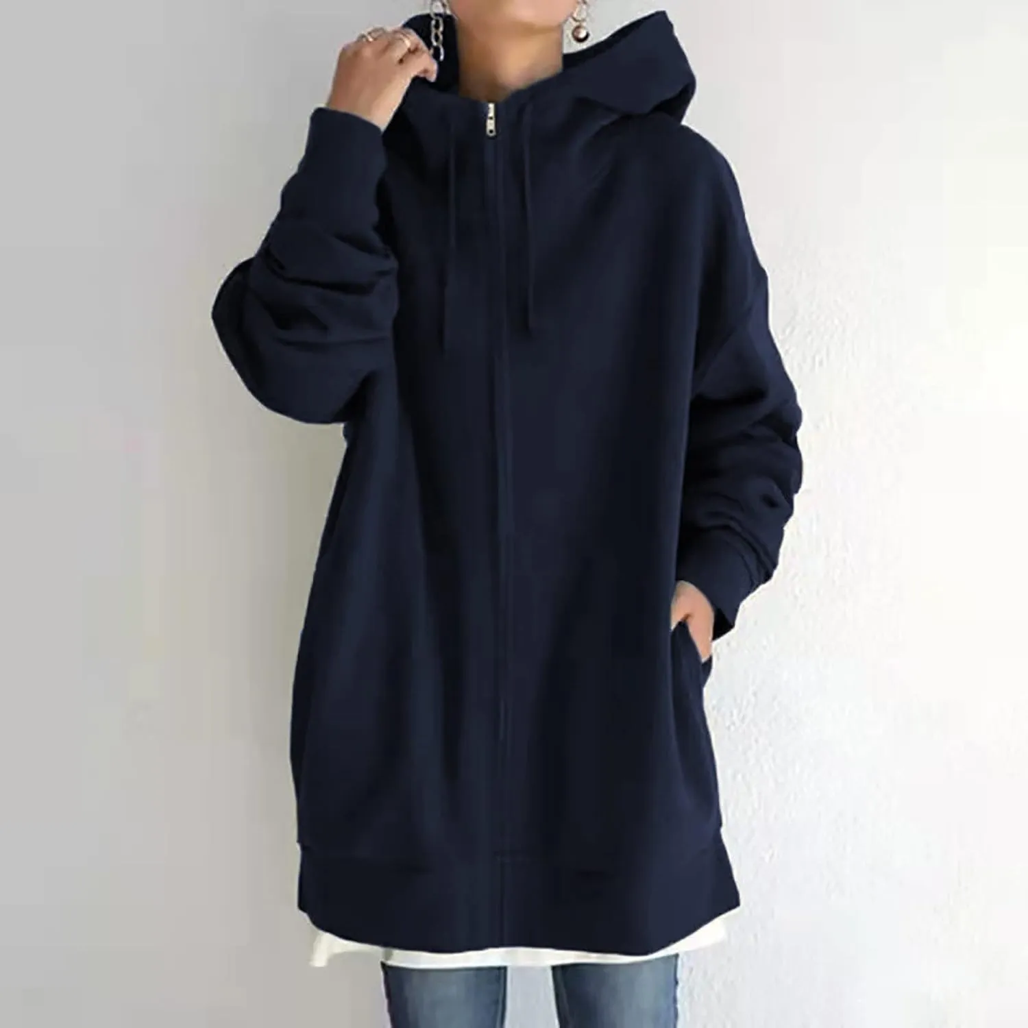 Oversized Zip Up Hoodies for Women Plus Size Long Fleece Jacket Casual Long Sleeve Cute Fall Coat with Pockets