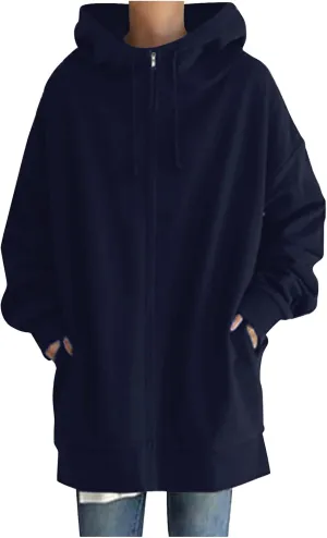 Oversized Zip Up Hoodies for Women Plus Size Long Fleece Jacket Casual Long Sleeve Cute Fall Coat with Pockets