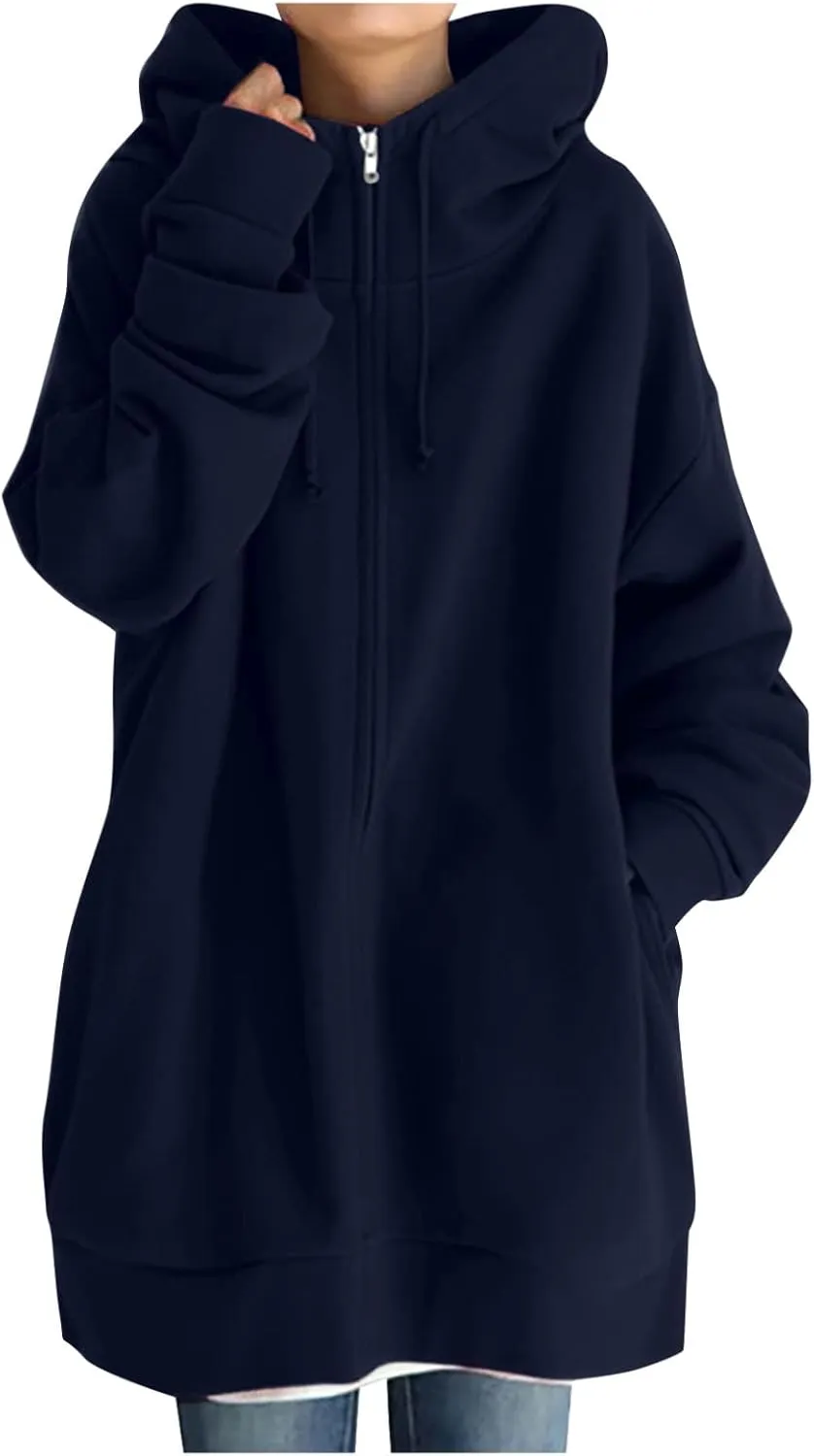 Oversized Zip Up Hoodies for Women Plus Size Long Fleece Jacket Casual Long Sleeve Cute Fall Coat with Pockets