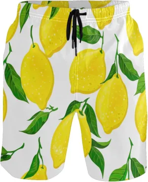 Personalized Cute Swim Trunks Men Yellow Lemons Green Leaves Mens Swimming Shorts Elastic Waist Quick Dry S