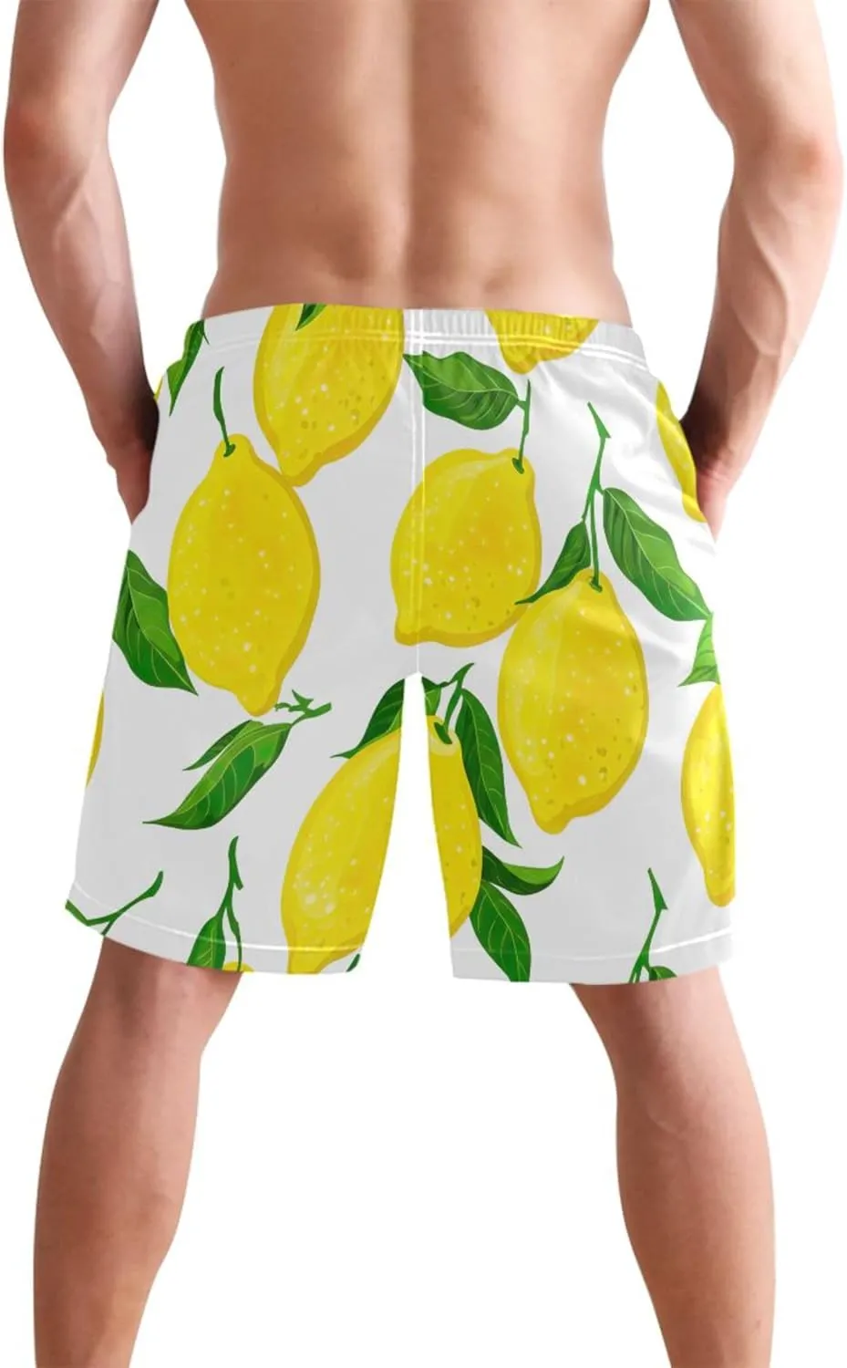 Personalized Cute Swim Trunks Men Yellow Lemons Green Leaves Mens Swimming Shorts Elastic Waist Quick Dry S