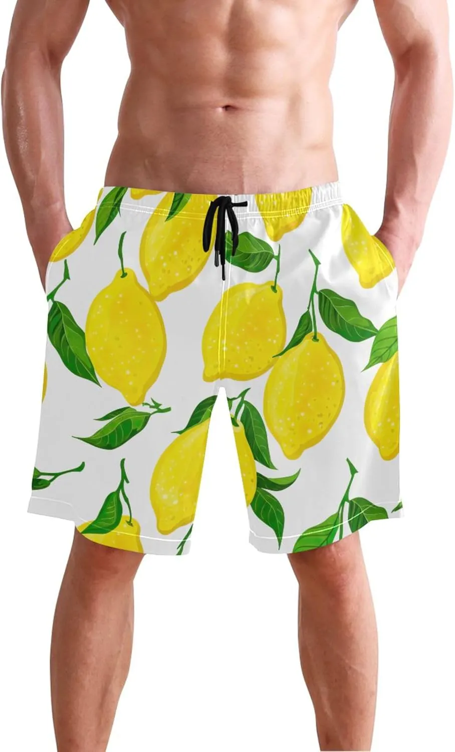 Personalized Cute Swim Trunks Men Yellow Lemons Green Leaves Mens Swimming Shorts Elastic Waist Quick Dry S