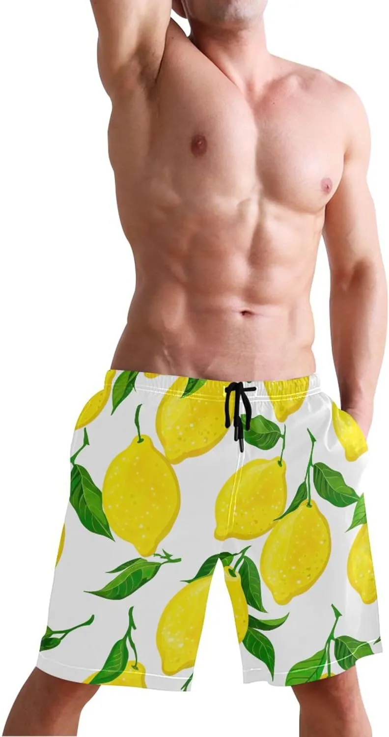 Personalized Cute Swim Trunks Men Yellow Lemons Green Leaves Mens Swimming Shorts Elastic Waist Quick Dry S