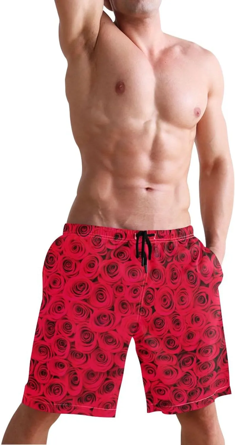 Personalized Men Swim Trunks Funny Vibrant Red Roses Mens Swimming Shorts Bathing Suits Swimwear S