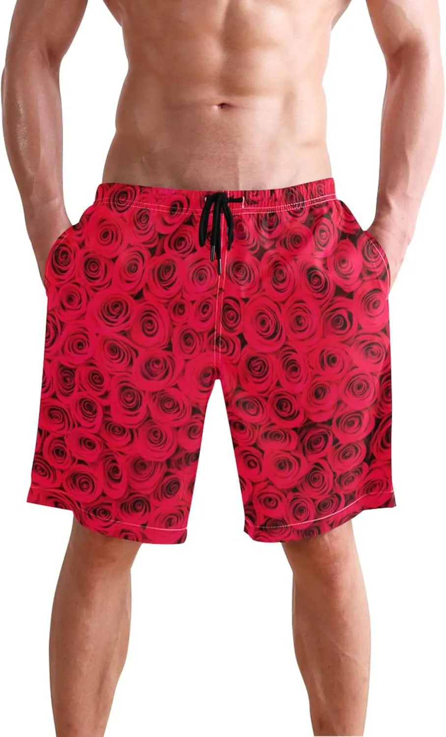 Personalized Men Swim Trunks Funny Vibrant Red Roses Mens Swimming Shorts Bathing Suits Swimwear S