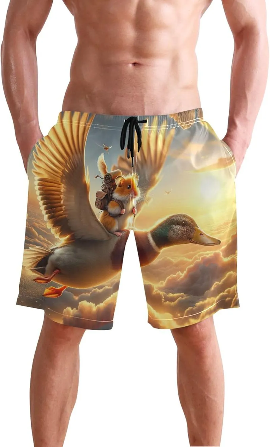 Personalized Swim Trunks Men Cute Morning Flight Hamster Duck Rise Swimming Shorts Beach Quick Dry Swimwear S