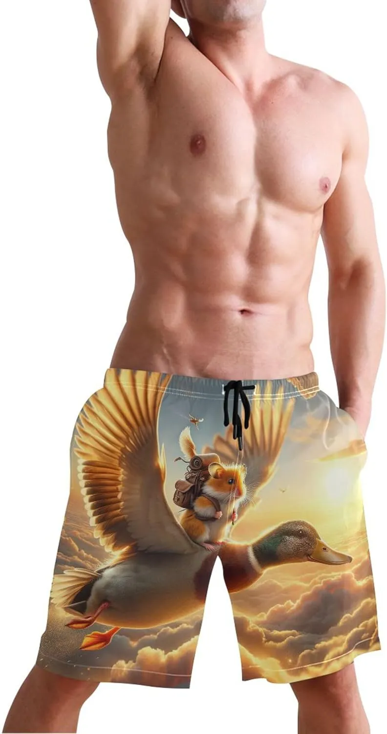 Personalized Swim Trunks Men Cute Morning Flight Hamster Duck Rise Swimming Shorts Beach Quick Dry Swimwear S