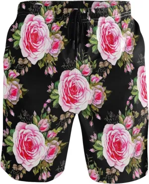 Pink Roses Black Swim Trunks Men Cute Quick Dry Swimwear Surf Mens Swimming Shorts S