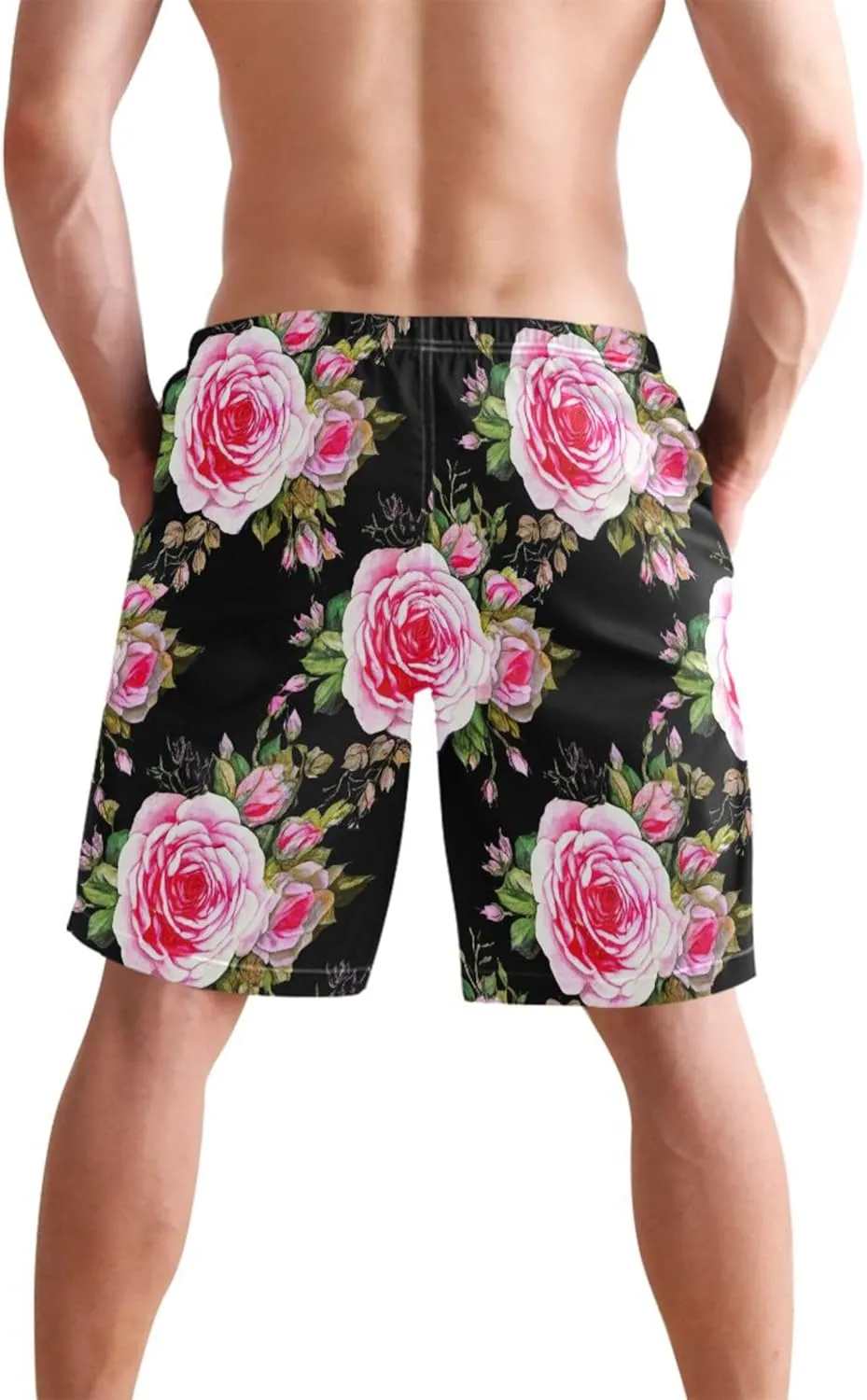 Pink Roses Black Swim Trunks Men Cute Quick Dry Swimwear Surf Mens Swimming Shorts S