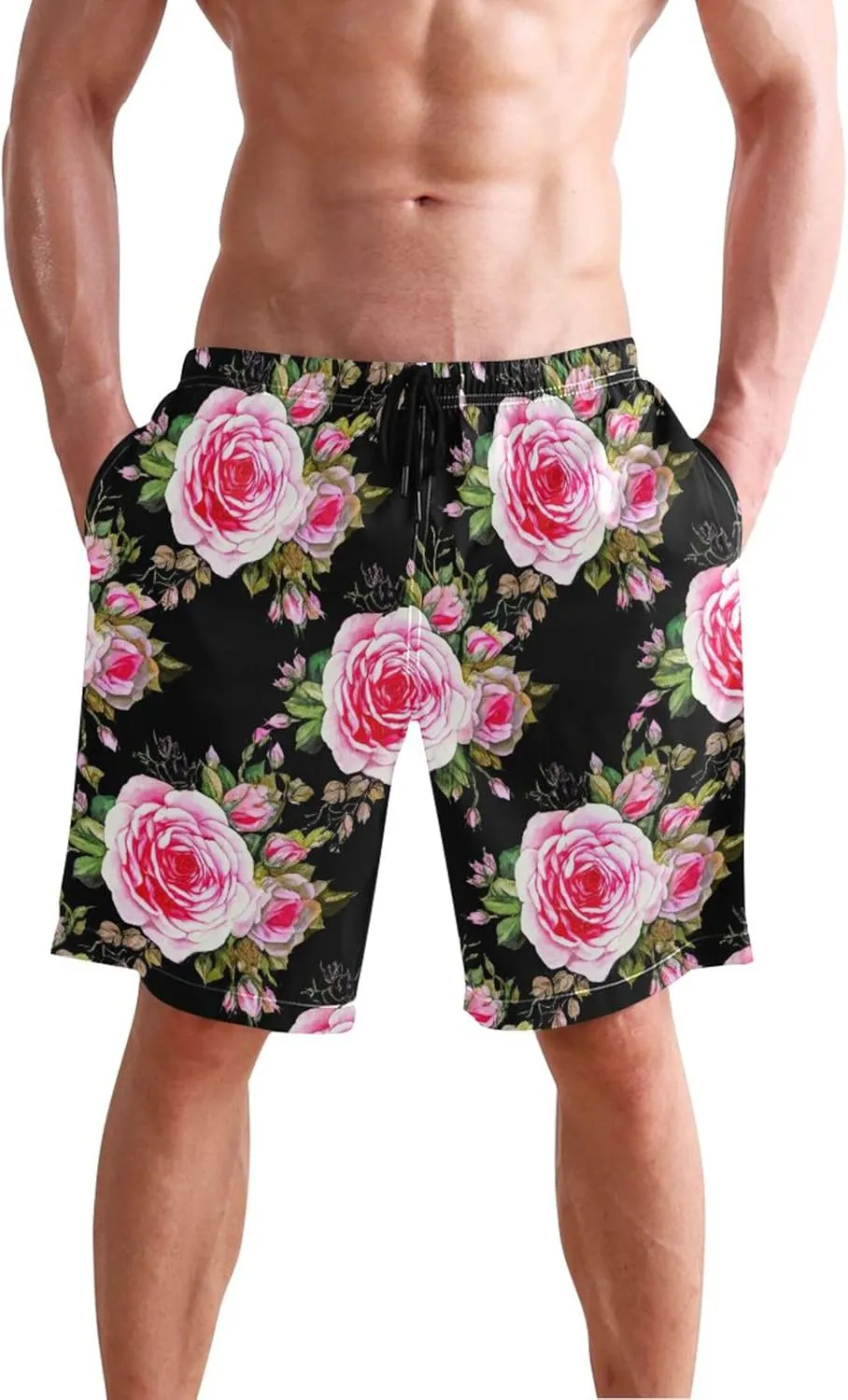 Pink Roses Black Swim Trunks Men Cute Quick Dry Swimwear Surf Mens Swimming Shorts S