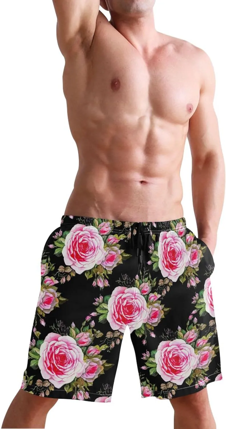 Pink Roses Black Swim Trunks Men Cute Quick Dry Swimwear Surf Mens Swimming Shorts S