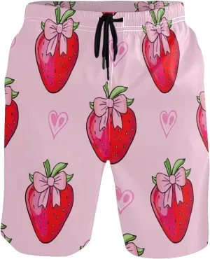Pink Strawberries Bows Hearts Board Swimming Shorts Men Swim Trunks Funny Hawaiian Quick Dry Bathing Suits S