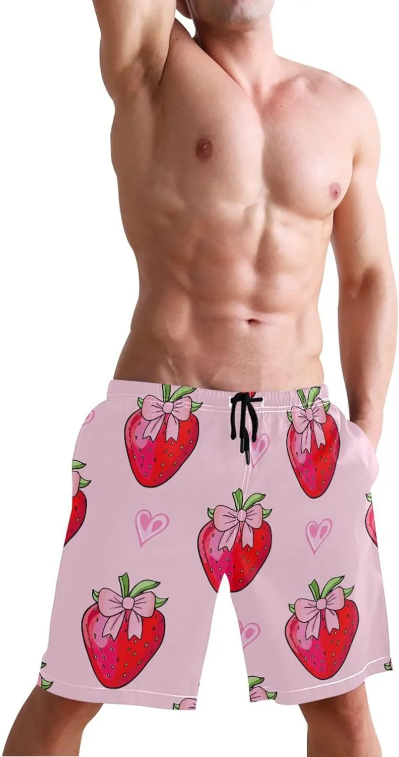 Pink Strawberries Bows Hearts Board Swimming Shorts Men Swim Trunks Funny Hawaiian Quick Dry Bathing Suits S
