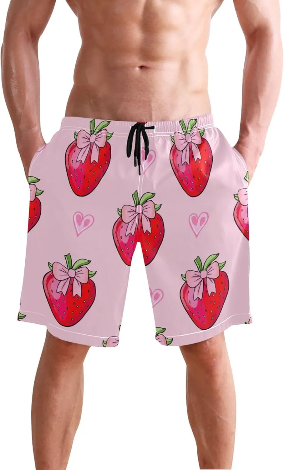 Pink Strawberries Bows Hearts Board Swimming Shorts Men Swim Trunks Funny Hawaiian Quick Dry Bathing Suits S