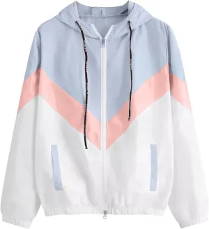 Plus Size Rain Jackets for Women, Women Lightweight Rain Coat with Hood Color Block Windbreaker Outdoor Hooded Jacket