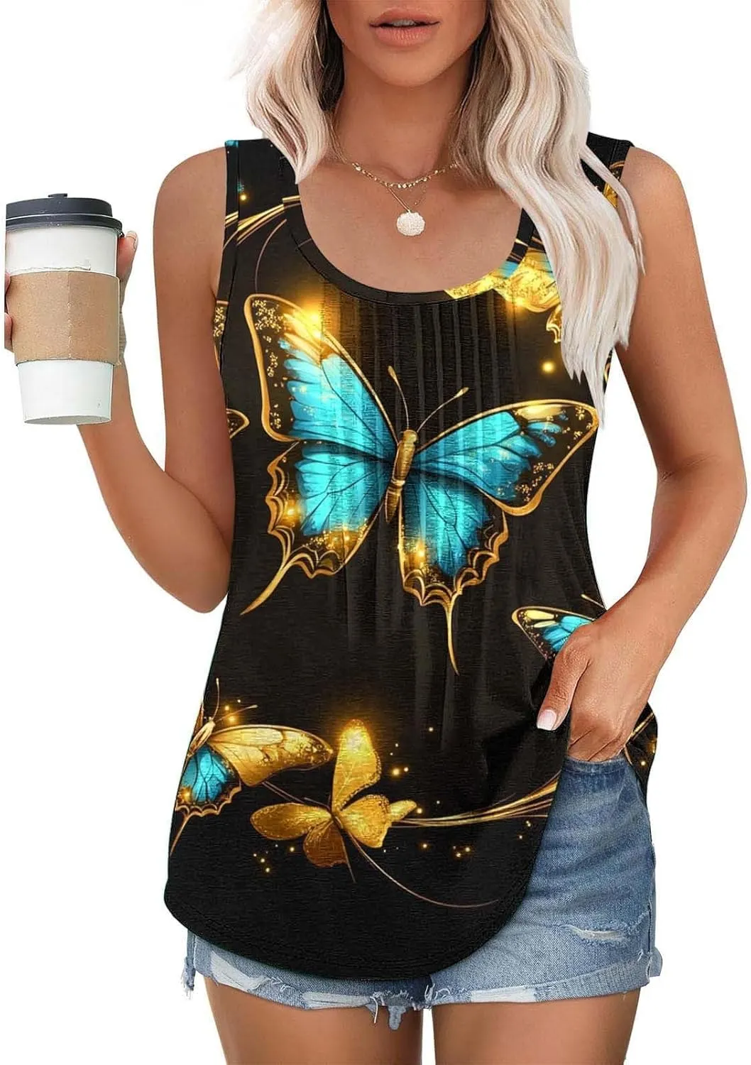 Plus Size Tank Tops for Women Butterfly Printed Crew Neck Sleeveless Loose Tunic Shirts 2025 Summer Cute Blouses