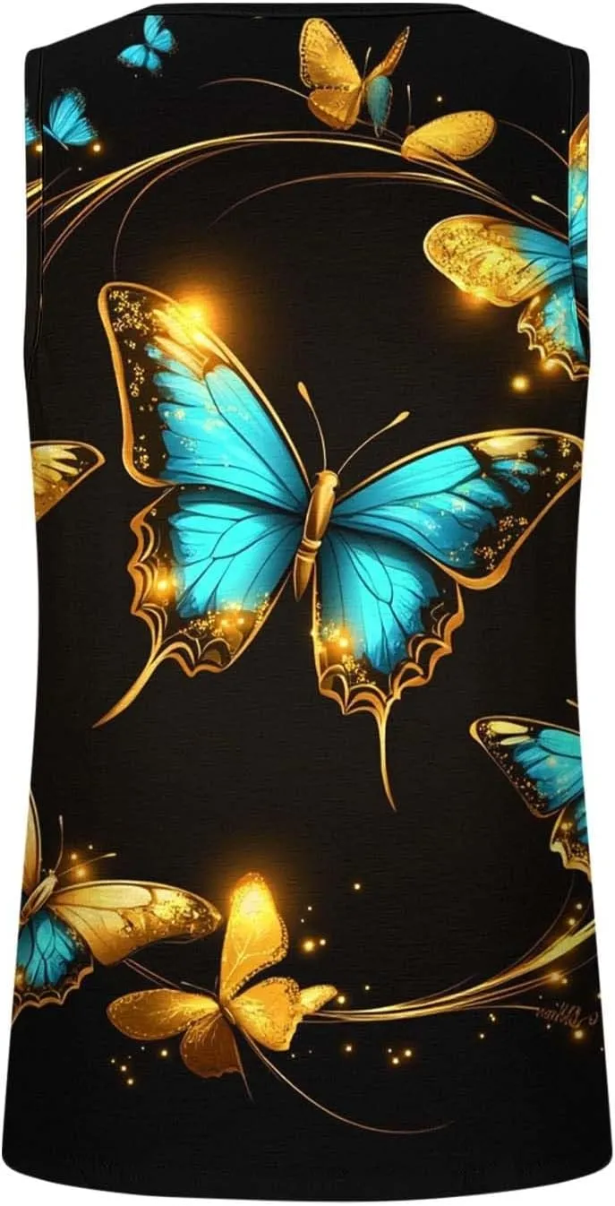 Plus Size Tank Tops for Women Butterfly Printed Crew Neck Sleeveless Loose Tunic Shirts 2025 Summer Cute Blouses