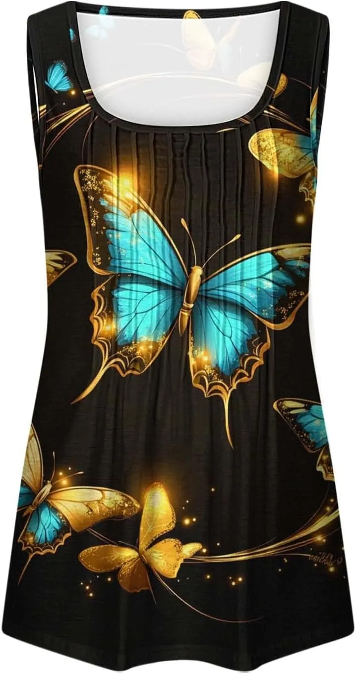 Plus Size Tank Tops for Women Butterfly Printed Crew Neck Sleeveless Loose Tunic Shirts 2025 Summer Cute Blouses