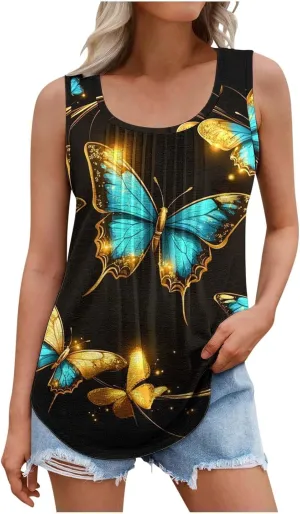 Plus Size Tank Tops for Women Butterfly Printed Crew Neck Sleeveless Loose Tunic Shirts 2025 Summer Cute Blouses