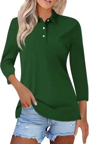 Polo Shirts for Women Summer Tops Button Down 3/4 Sleeve Golf Tees Shirts Lapel Collared Shirts Office Wear for Work
