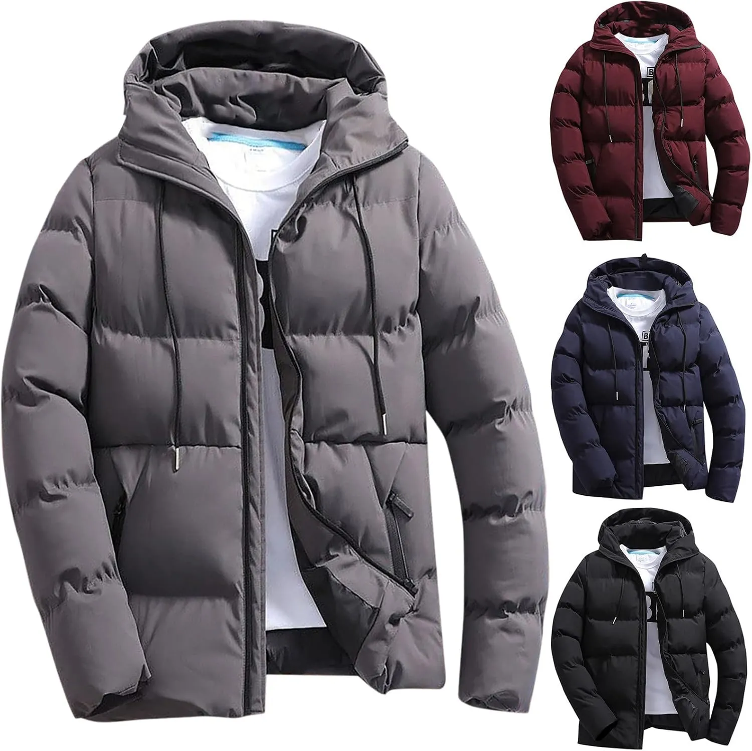 Puffer Jacket Men with Hood Warm Insulated Lightweight Hooded Down Coats Outdoor Winter Windproof Waterproof Jackets(Grey,3X-Large)