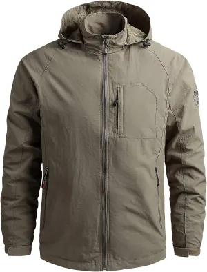 Rain Jacket Men Long Sleeve Jackets Zip Up Hoodies Rainproof Windbreakers Lightweight Coats Hiking Comfor Raincoats Khaki