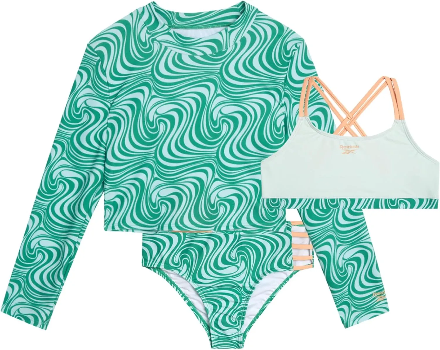 Reebok Girls' Rash Guard Set - 3 Piece UPF 50  Long Sleeve Swim Shirt with Bikini Swimsuit - Swimwear Set for Girls (4-16)