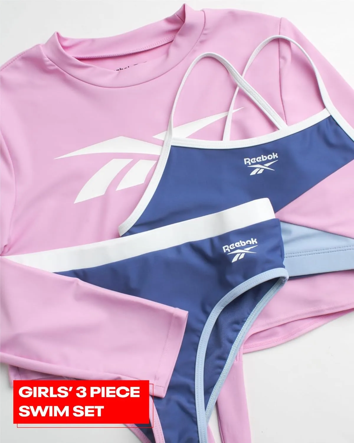 Reebok Girls' Rash Guard Set - 3 Piece UPF 50  Long Sleeve Swim Shirt with Bikini Swimsuit - Swimwear Set for Girls (4-16)