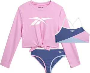 Reebok Girls' Rash Guard Set - 3 Piece UPF 50  Long Sleeve Swim Shirt with Bikini Swimsuit - Swimwear Set for Girls (4-16)