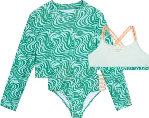 Reebok Girls' Rash Guard Set - 3 Piece UPF 50  Long Sleeve Swim Shirt with Bikini Swimsuit - Swimwear Set for Girls (4-16)
