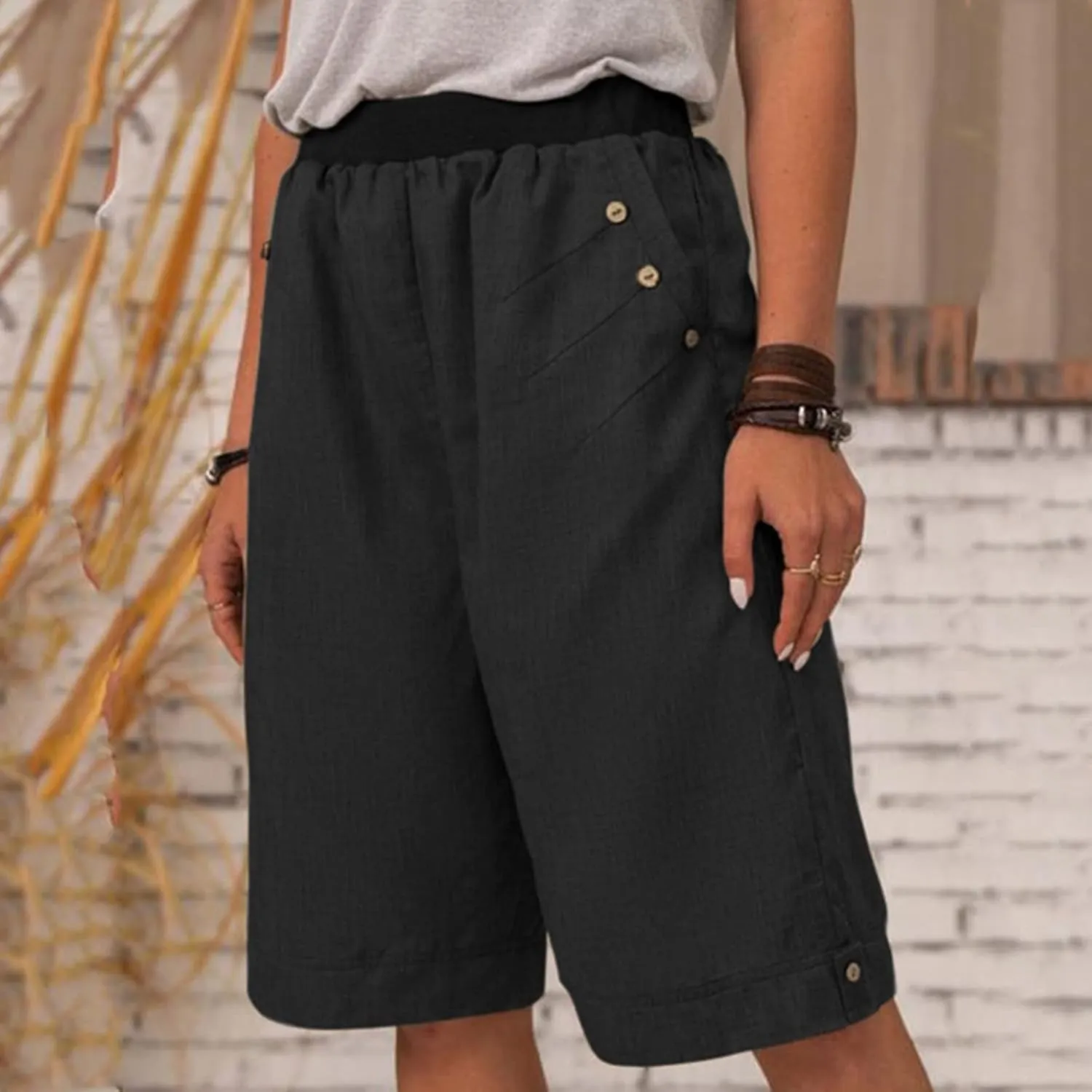 Running Shorts High Waisted Shorts Daisy Fashion Print Pocket Wide Leg Button Loose Pants Running Shorts Khaki Daisy