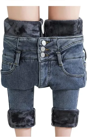 sdbrld Fleece Lined Jeans Women,Womens Fleece Lined Jeans Warm Winter Thermal Jeans Thicken Loose Stretch Denim Pants Tights