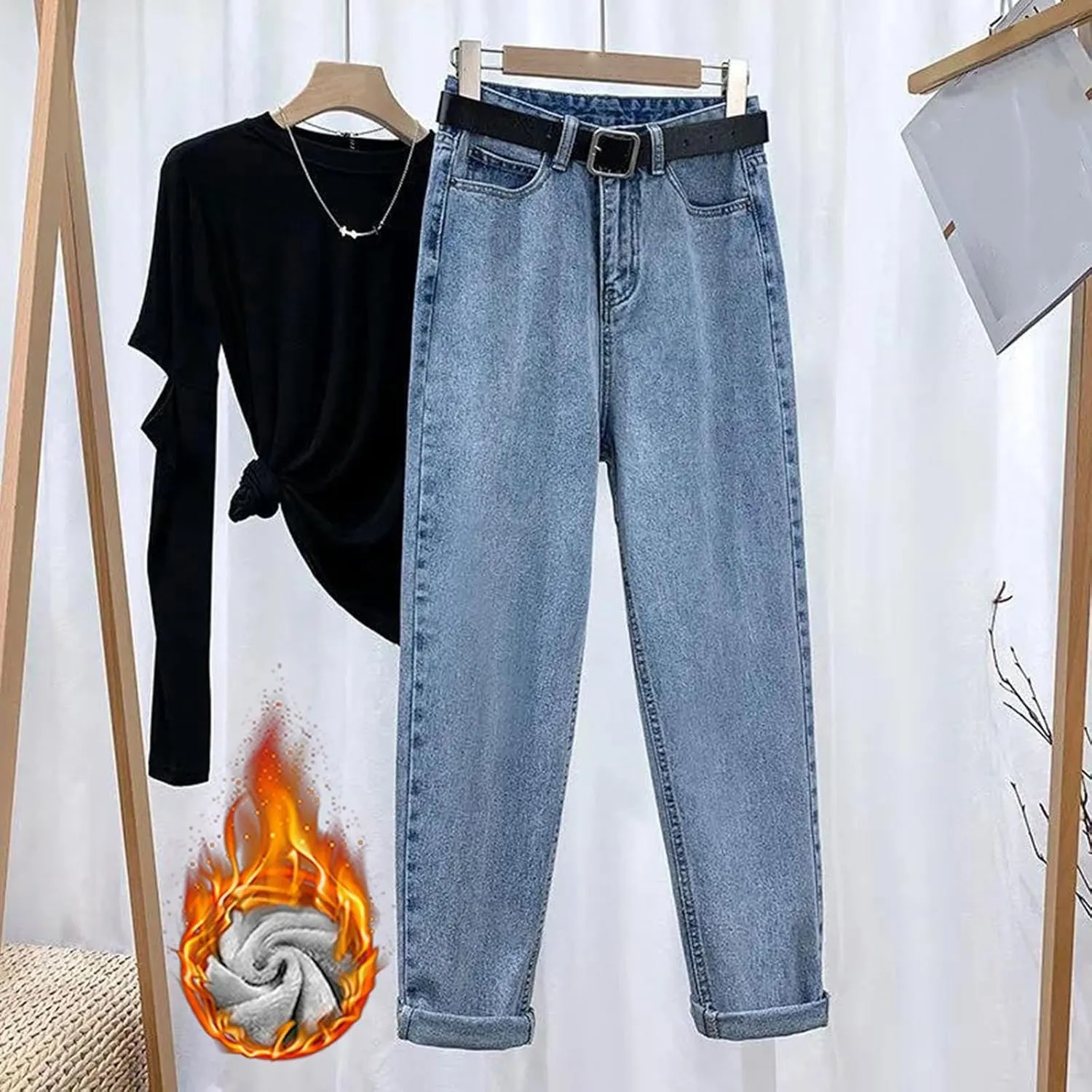 sdbrld Fleece Lined Jeans Women,Womens Fleece Lined Jeans Warm Winter Thermal Jeans Thicken Loose Stretch Denim Pants Tights