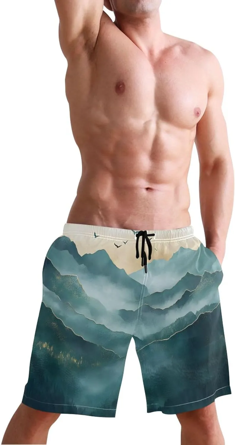 Serene Mountain Landscape Art Swim Trunks for Men Mens Swimming Shorts Vacation Bathing Suit Swimwear S