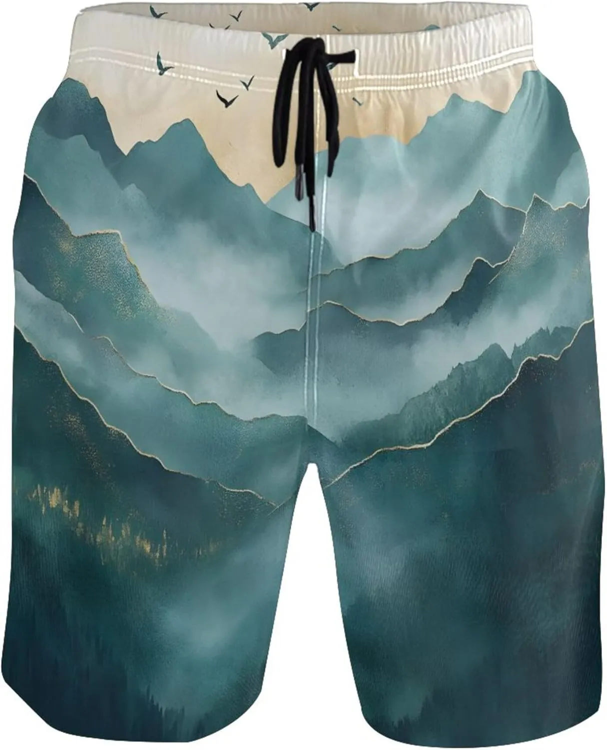 Serene Mountain Landscape Art Swim Trunks for Men Mens Swimming Shorts Vacation Bathing Suit Swimwear S