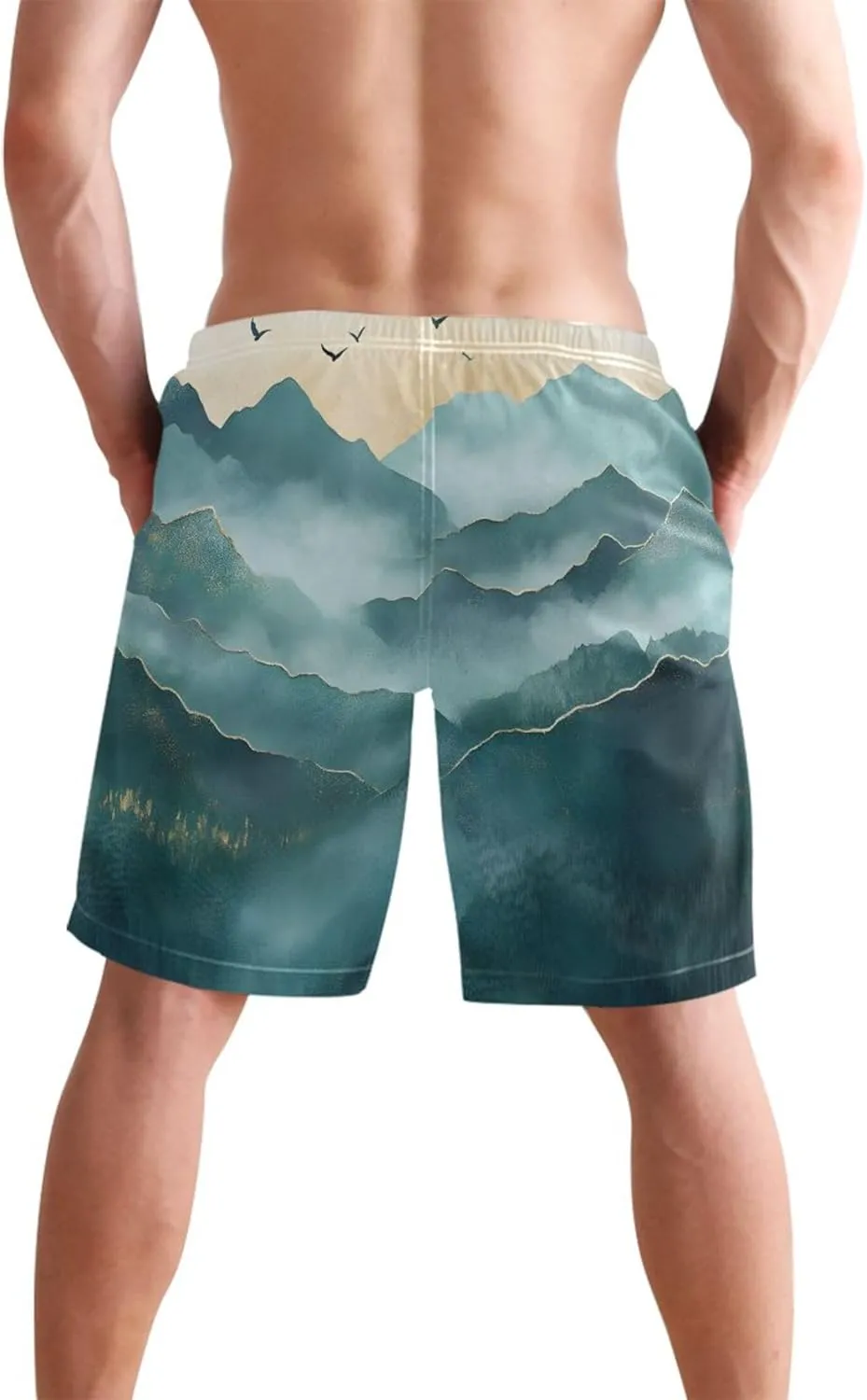 Serene Mountain Landscape Art Swim Trunks for Men Mens Swimming Shorts Vacation Bathing Suit Swimwear S