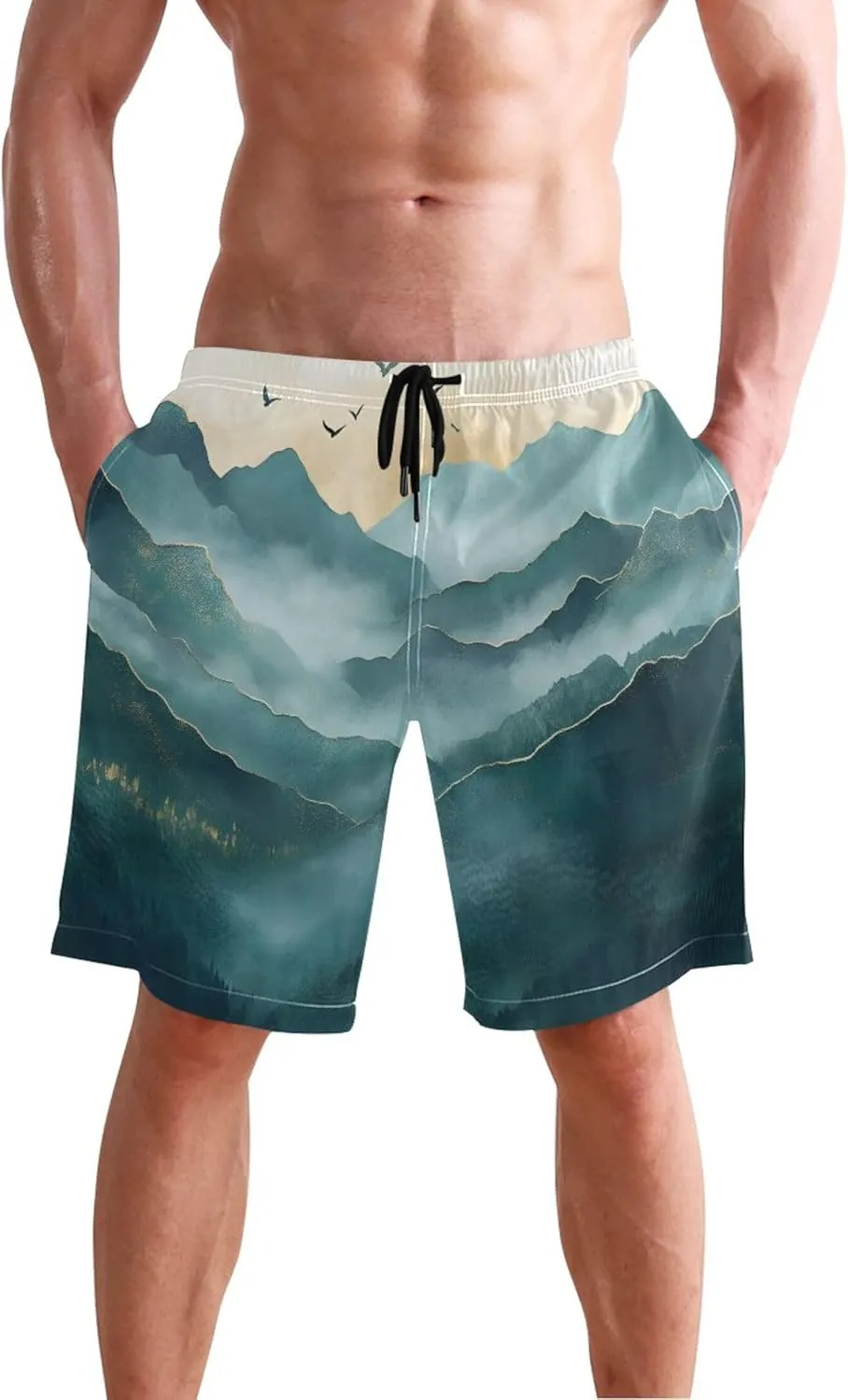 Serene Mountain Landscape Art Swim Trunks for Men Mens Swimming Shorts Vacation Bathing Suit Swimwear S
