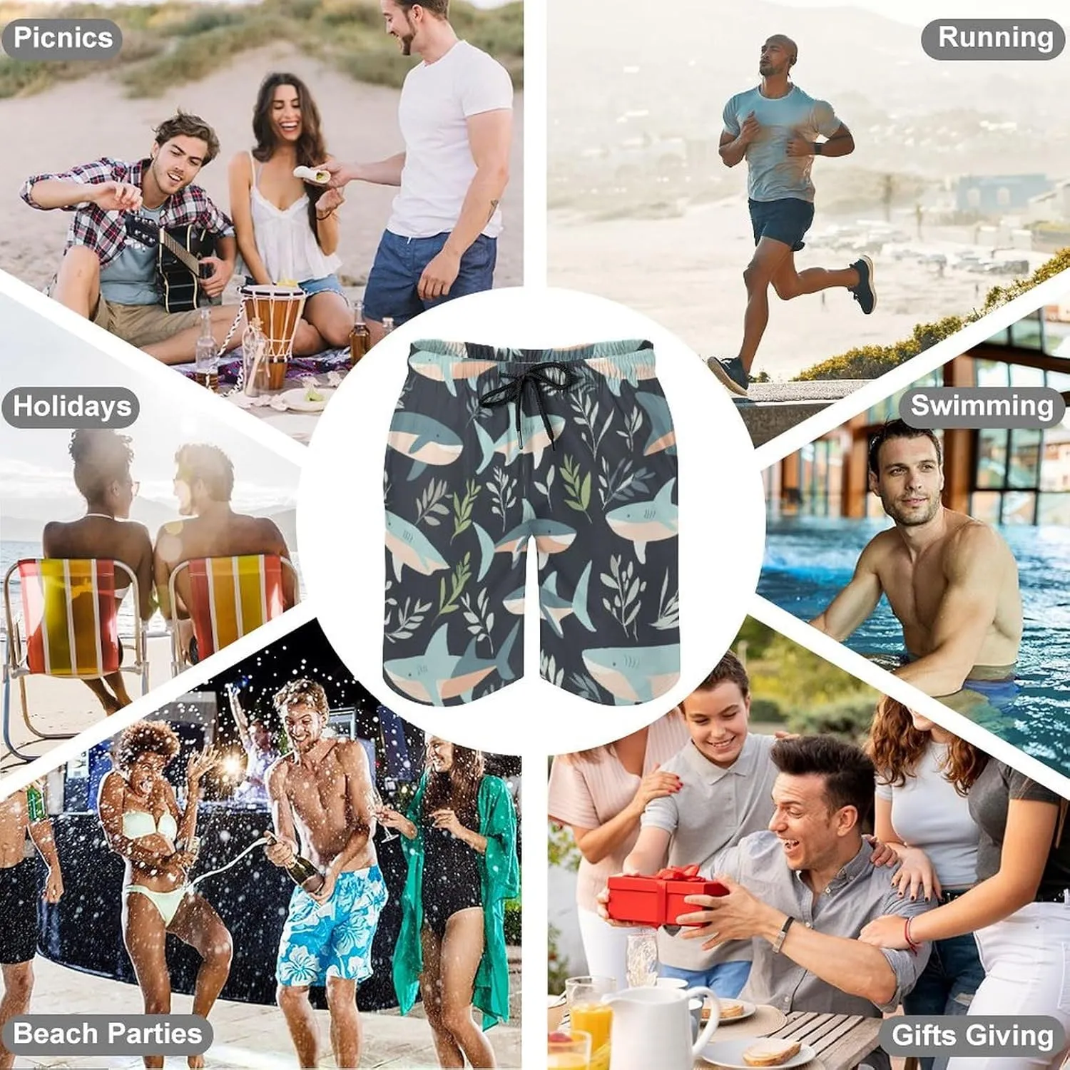 Shark Pattern Men's Athletic Running Shorts with Pockets Lightweight Beach Shorts Quick Dry