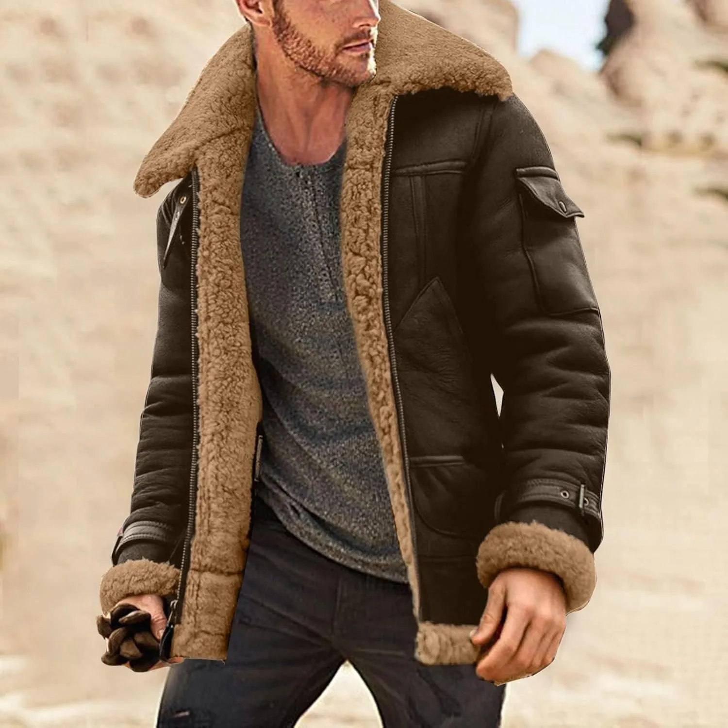 Shearling Coat Men Warm Fleece Lined Coat Aviator Shearling Sheepskin Leather Winter Jacket Lapel Work Cargo Jackets