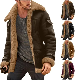 Shearling Coat Men Warm Fleece Lined Coat Aviator Shearling Sheepskin Leather Winter Jacket Lapel Work Cargo Jackets