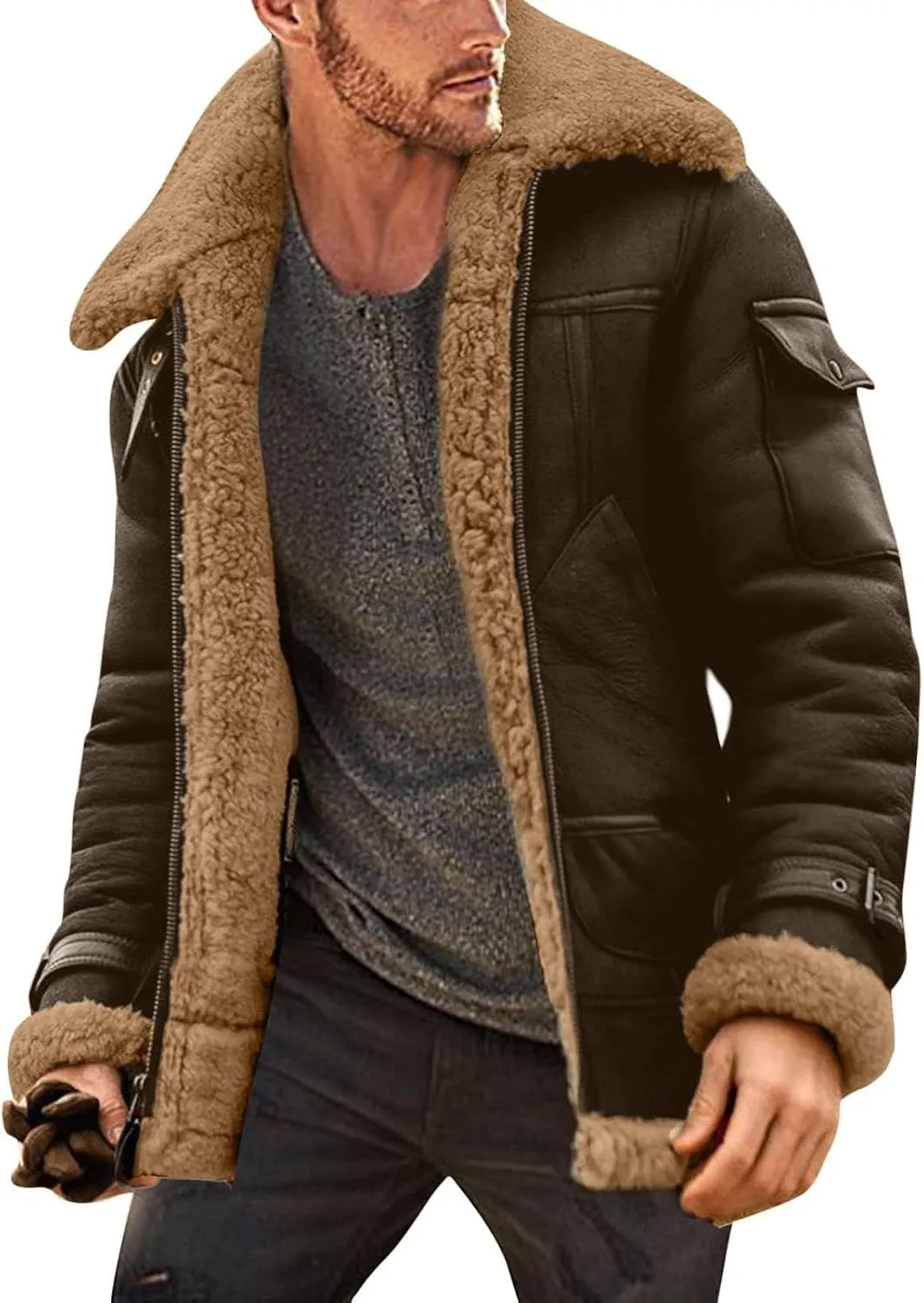 Shearling Coat Men Warm Fleece Lined Coat Aviator Shearling Sheepskin Leather Winter Jacket Lapel Work Cargo Jackets