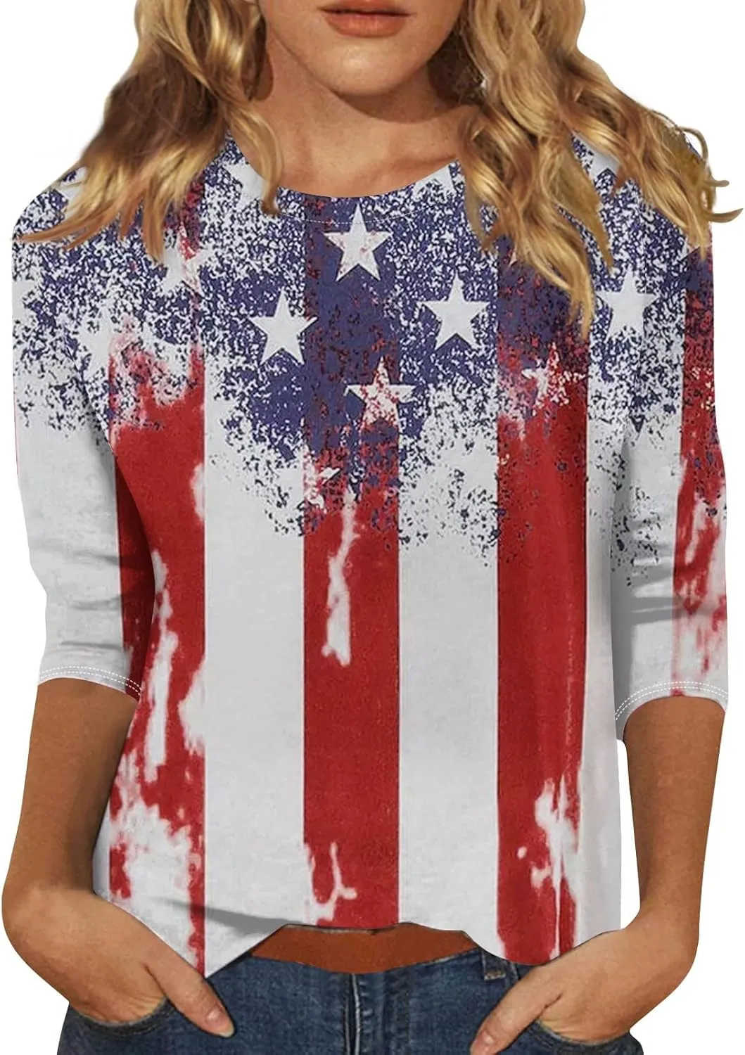 Shirts for Women 3/4 Length Sleeve Crewneck Tops Summer Fall Casual Loose Fit Printed Beach Holiday Basic Blouses