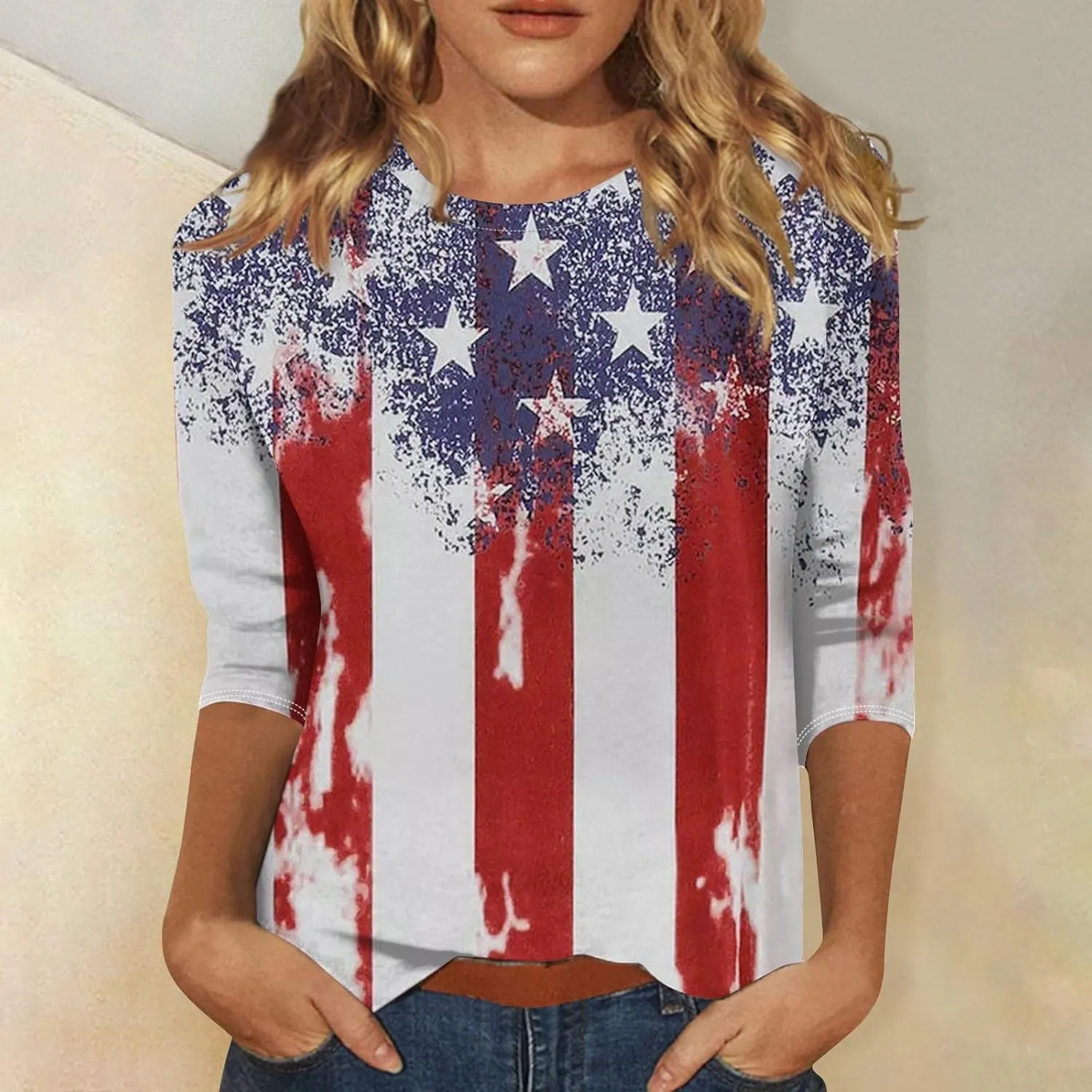 Shirts for Women 3/4 Length Sleeve Crewneck Tops Summer Fall Casual Loose Fit Printed Beach Holiday Basic Blouses