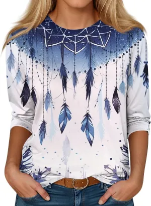 Shirts for Women 3/4 Length Sleeve Crewneck Tops Summer Fall Casual Loose Fit Printed Beach Holiday Basic Blouses