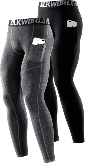 SILKWORLD Men's 1~3 Pack Compression Pants Pockets Cool Dry Gym Leggings Baselayer Running Tights